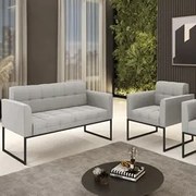 Sofá Namoradeira e 1 Poltrona Base Industrial Preto Ana Veludo Cinza -