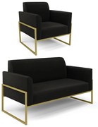 Sofá Namoradeira com Poltrona Base Industrial Alta Dourado Marisa Suede - Preto
