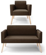 Sofá Namoradeira com Poltrona Pés Palito Natural Marisa Suede - Marrom