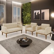 Namoradeira com 2 Poltronas Base de Madeira Castanho Elisa Suede D03 - D'Rossi - Bege