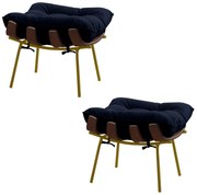 Kit 2 Puffs Decorativos Sala de Estar Abel Base de Madeira Dourada Veludo Azul G41 - Gran Belo