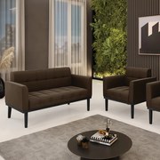 Sofá Namoradeira e Poltrona Base de Madeira Preto Elisa Suede D03 - D'Rossi - Marrom