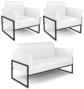 Sofá Namoradeira com 2 Poltronas Base Industrial Alta Preto Marisa Corano - Branco