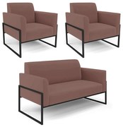 Sofá Namoradeira com 2 Poltronas Base Industrial Alta Preto Marisa Veludo - Rose