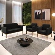 Sofá Namoradeira com 2 Poltronas Base de Madeira Fixa Castanho Marisa Suede - Preto