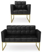 Kit 1 Sofá Namoradeira e 1 Poltrona Elisa Corano Base Metálica Industrial Dourado - D'Rossi - Preto
