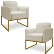 Kit 2 Poltronas Decorativas Isabella Base Industrial Linho Bege/Dourado G19