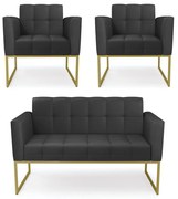 Kit 1 Sofá Namoradeira e 2 Poltronas Elisa Corino Base Metálica Industrial Dourado D03 - D'Rossi - Preto