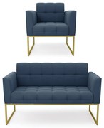 Kit 1 Sofá Namoradeira e 1 Poltrona Elisa Suede Base Metálica Industrial Dourado D03 - D'Rossi - Azul Marinho