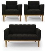 Namoradeira com 2 Poltronas Base de Madeira Castanho Elisa Suede D03 - D'Rossi - Preto