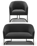 Sofá Namoradeira e Poltrona Base Industrial Preto Stella Suede D03 - D'Rossi - Preto