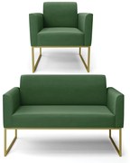 Sofá Namoradeira com Poltrona Base Industrial Dourado Marisa Suede - Verde