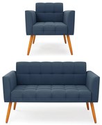 Kit 1 Sofá Namoradeira e 1 Poltrona Elisa Suede Pés Palito Castanho D03 - D'Rossi - Azul Marinho