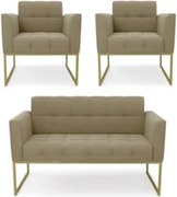 Sofá Namoradeira e 2 Poltronas Base Industrial Dourado Ana Suede Marro
