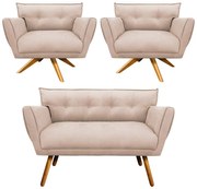 Kit 1 Namoradeira 2 Lugares E 2 Poltronas Anitta Suede Base De Madeira MA30 D03 - D'Rossi - Bege