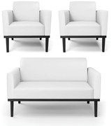 Conjunto 2 Poltronas e 1 Namoradeira Decorativa Isabella Pés Fixo em Madeira Preto PU Branco G19 - Gran Belo