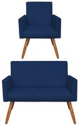 Kit 01 Namoradeira com 01 Poltrona Larissa Suede Azul Marinho Pés Palito Castanho D'Rossi
