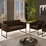 Kit 1 Sofá Namoradeira e 1 Poltrona Elisa Suede Base Metálica Industrial Preto D03 - D'Rossi - Marrom