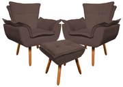 02 Poltronas e 01 Puff Pé Palito de Madeira Opala Suede - Marrom