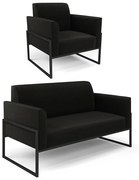 Sofá Namoradeira com Poltrona Base Industrial Alta Preto Marisa Suede D03 - DRossi - Preto