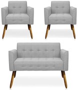 Conjunto 2 Poltronas e 1 Namoradeira Pés Palito Karen Linho Cinza G19 - Gran Belo