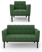 Sofá Namoradeira e Poltrona Base de Madeira Preto Elisa Suede D03 - D'Rossi - Verde