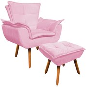 Kit 01 Poltrona Opala com 01 Puff Opala Suede Pés Palito Castanho - Rosa Bebê