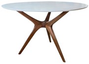 Mesa de Jantar Palito Tampo Redondo Pintura Laca Branca 3 Pés Madeira Maciça Design Retrô