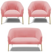 Namoradeira e 2 Poltronas Pé de Ferro Dourado Stella Suede D03 - D'Rossi  - Rose