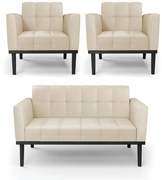 Conjunto 2 Poltronas e 1 Namoradeira Decorativa Karen Pés Fixo em Madeira Preto PU Bege G19 - Gran Belo