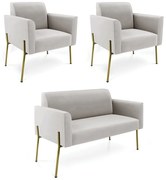 Sofá Namoradeira e 2 Poltronas Pé de Ferro Dourado Marisa Veludo Cinza