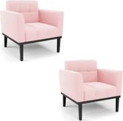 Poltrona Base Madeira Preto Kit 2 Ana Suede Rosa Bebê - Ibiza