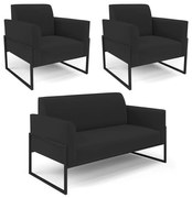 Sofá Namoradeira com 2 Poltronas Base Industrial Alta Preto Marisa Veludo - Preto