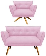 Kit 1 Namoradeira e 1 Poltrona Giratória Anitta Com Strass Suede Pés Palito Castanho D03 - D'Rossi - Rosa Bebê