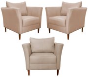 Kit 3 Poltronas Decorativa Sala de Estar Pés Palito Lubbock Couro Bege G58 - Gran Belo