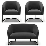 Namoradeira e 2 Poltronas Industrial Preto Stella Suede Preto D03 - D'Rossi