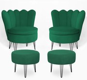 Conjunto 2 Poltrona Dália com 2 Puff Chloe Pés Hairpin Legs Preto Veludo Verde Bandeira