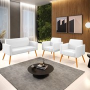 Sofá Namoradeira com 2 Poltronas Pés Palito Castanho Marisa Corano   - Branco