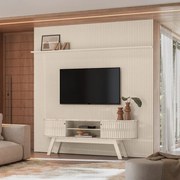 Painel TV 75 Pol 238cm Ripado Kalven com Rack Bancada Enzari M20 - D'Rossi - Calacata(brilho)/Off White(brilho)