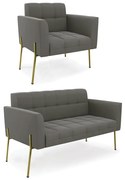 Sofá Namoradeira e Poltrona Pé de Ferro Dourado Elisa Suede D03 - D'Rossi - Grafite