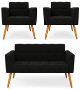 Kit 1 Sofá Namoradeira e 2 Poltronas Elisa Suede Pés Palito Castanho D03 - D'Rossi - Preto