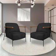 Kit 2 Poltronas Sala de Estar Pés em Ferro Preto Braço Madeira Maciça 86cm Thane Bouclê Preto G63 - Gran Belo