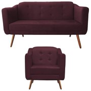 Kit Sofá Namoradeira + Poltrona Bruna Suede Bordô Pé Palito