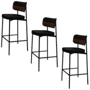 Banqueta Alta Bar Estofada Kit 3 Ella M25 Linho Preto/Marrom - Mpozena