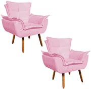 Poltrona Sala de Estar Pé Palito de Madeira Kit 2 Opala Suede - Rosa Bebê
