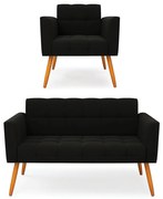 Kit 1 Sofá Namoradeira e 1 Poltrona Elisa Suede Pés Palito Castanho D03 - D'Rossi - Preto