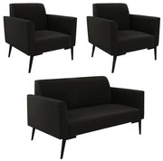 Sofá Namoradeira com 2 Poltronas Pés Villach Marisa Suede D03 - D'Rossi - Preto