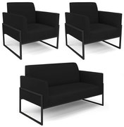 Sofá Namoradeira com 2 Poltronas Base Industrial Alta Preto Marisa Linho - A79 Preto