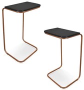 Kit 02 Mesas Lateral Tampo Multiuso Para Sofá Base Bronze - D'Rossi - Preto