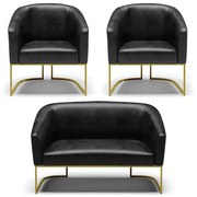 Namoradeira e 2 Poltronas Industrial Dourado Stella Sintético PU D03 - D'Rossi - Preto